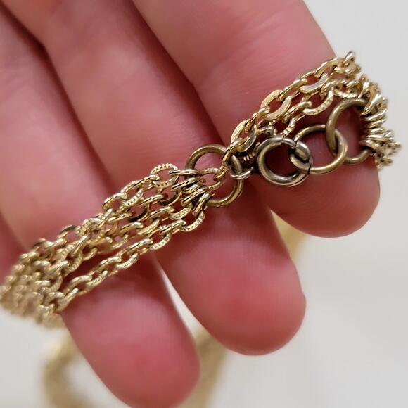 Vintage Gold Tone Multi Chain Necklace With Faux Pearl Teardrop Cluster Pendant - Picture 7 of 9